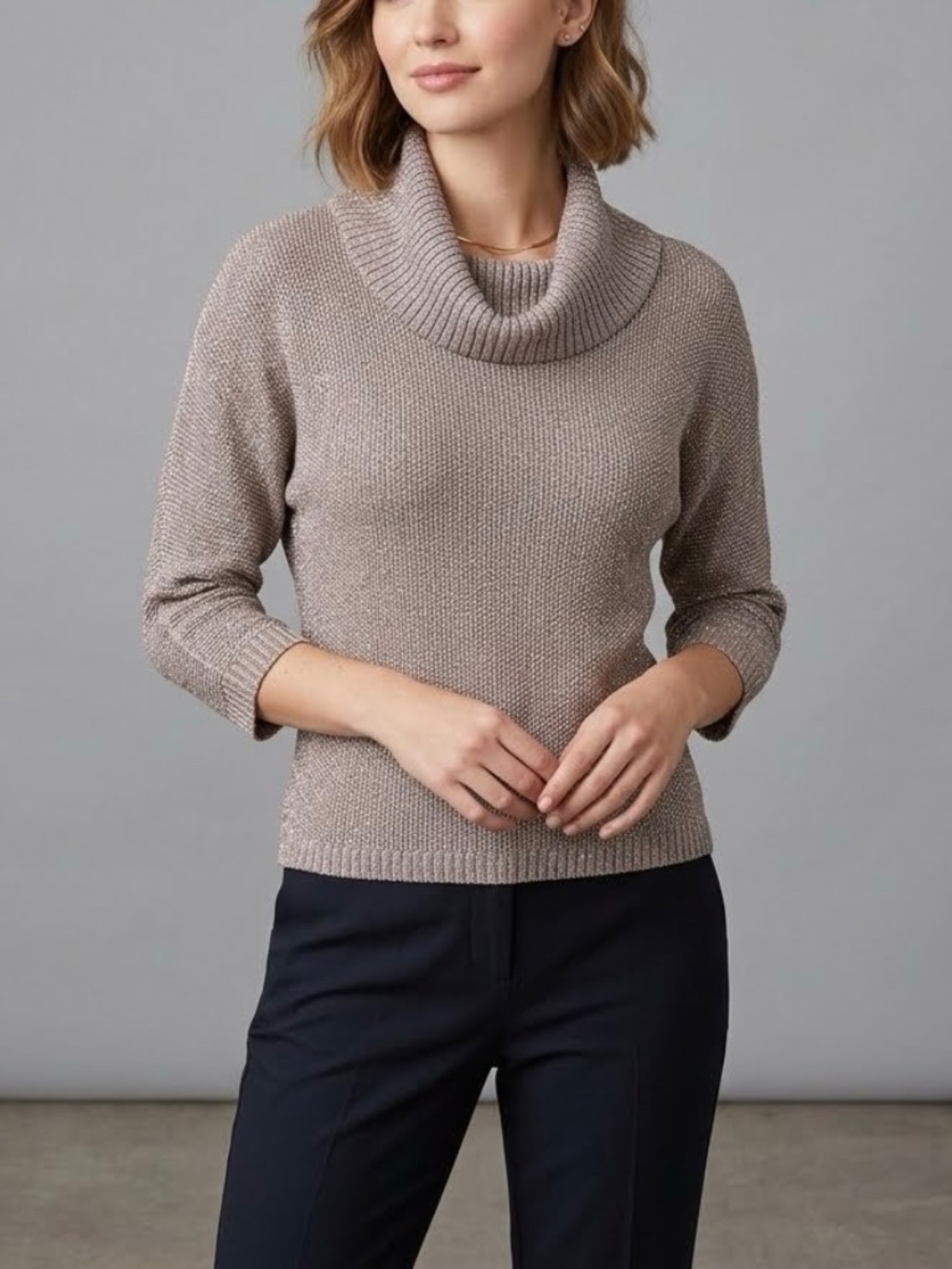 INC Metallic Shimmer Cowl Neck Knit Sweater Sz M Cropped 3/4 Sleeve Taupe Fall
